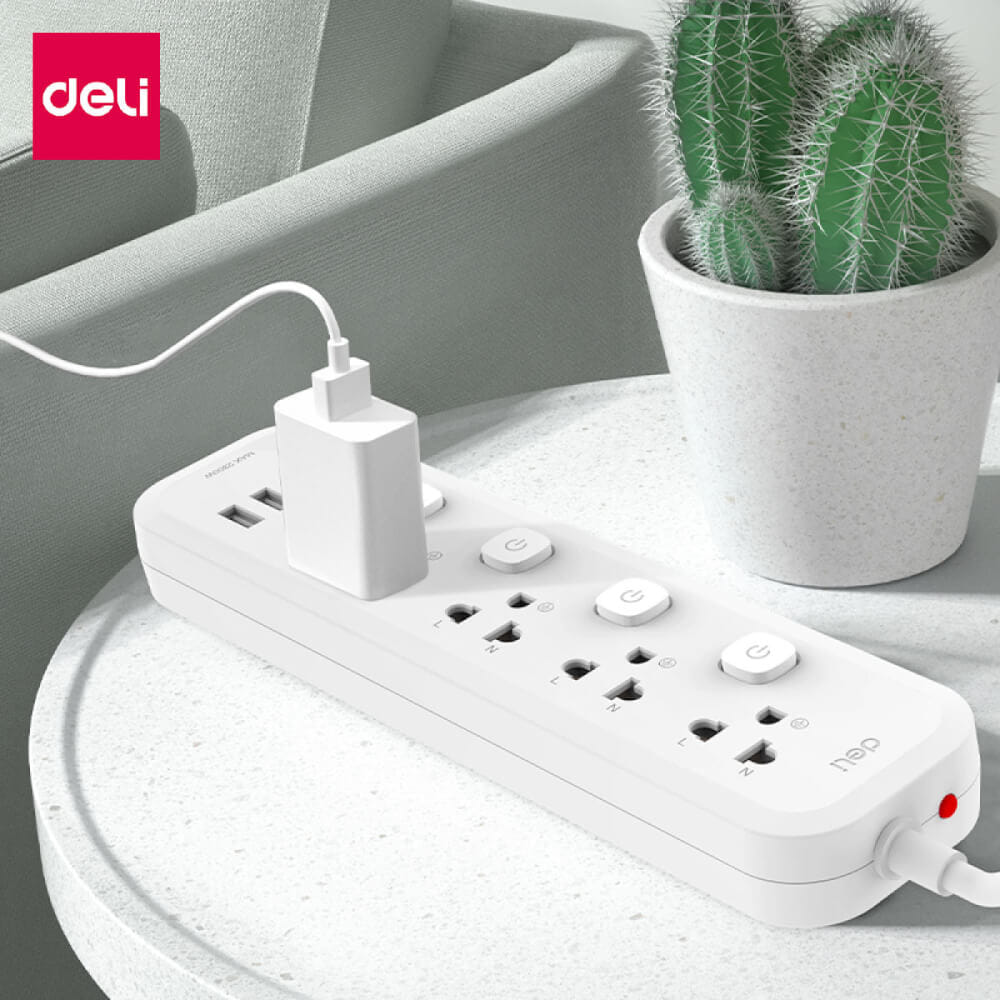 ปลั๊กไฟสามตา 3ช่อง 2USB 1TYPEC 5M DELI CT498-WH-01 สีขาว